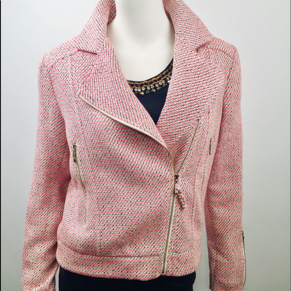 MNG Mango Colletion pink black tweed moto jacket